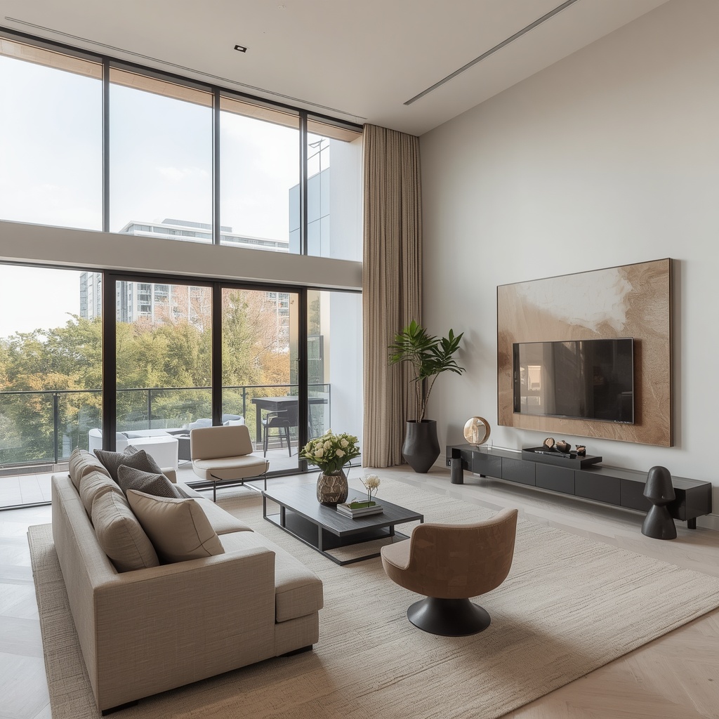 Elegant modern living room with floor-to-ceiling windows, neutral tones, and sophisticated furniture arrangement in a luxury apartment